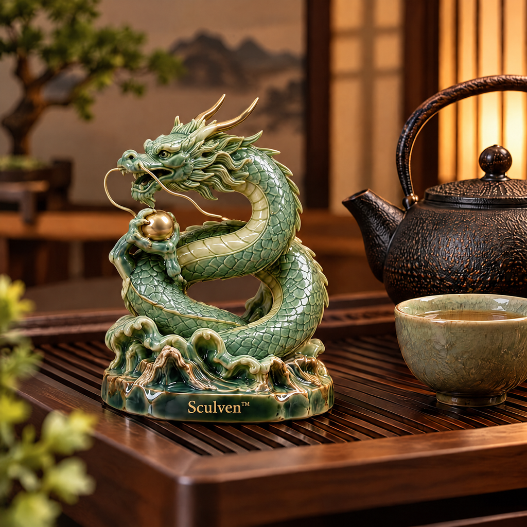 Sculven™ Jade Dragon Coil – Ceramic Dragon & Cloud Pearl Figurine