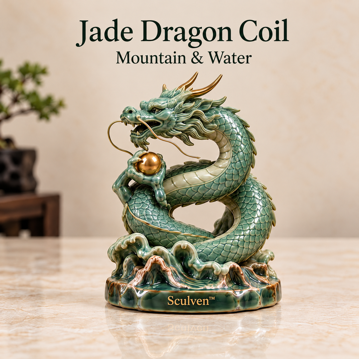 Sculven™ Jade Dragon Coil – Ceramic Dragon & Cloud Pearl Figurine