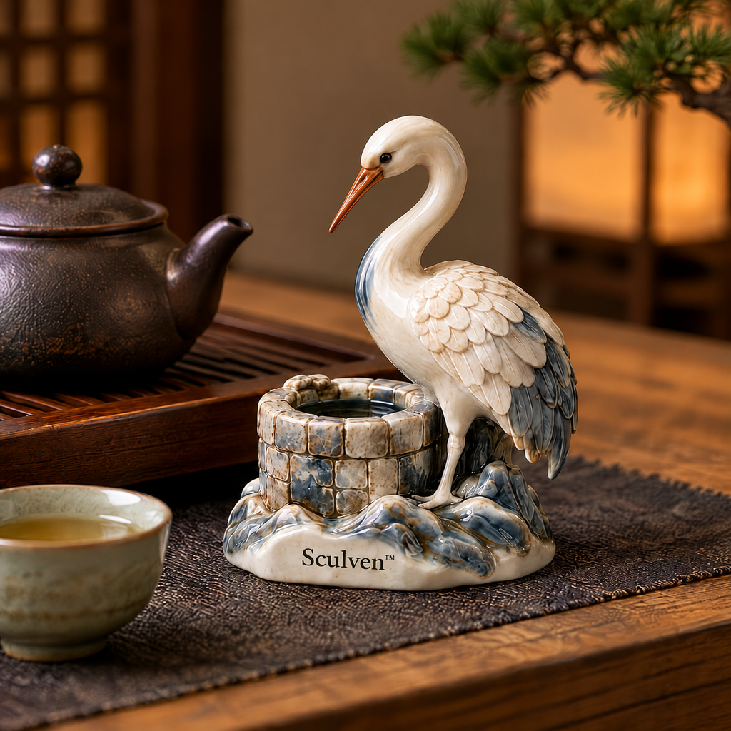 Sculven™ Moonwell Crane – Ceramic Crane & Ancient Well Figurine