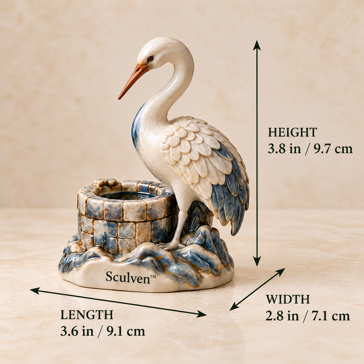 Sculven™ Moonwell Crane – Ceramic Crane & Ancient Well Figurine