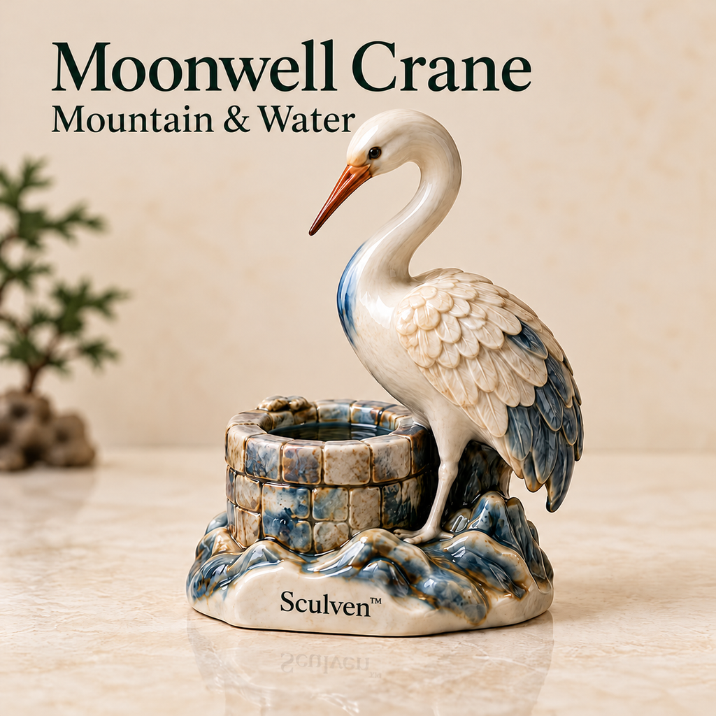 Sculven™ Moonwell Crane – Ceramic Crane & Ancient Well Figurine