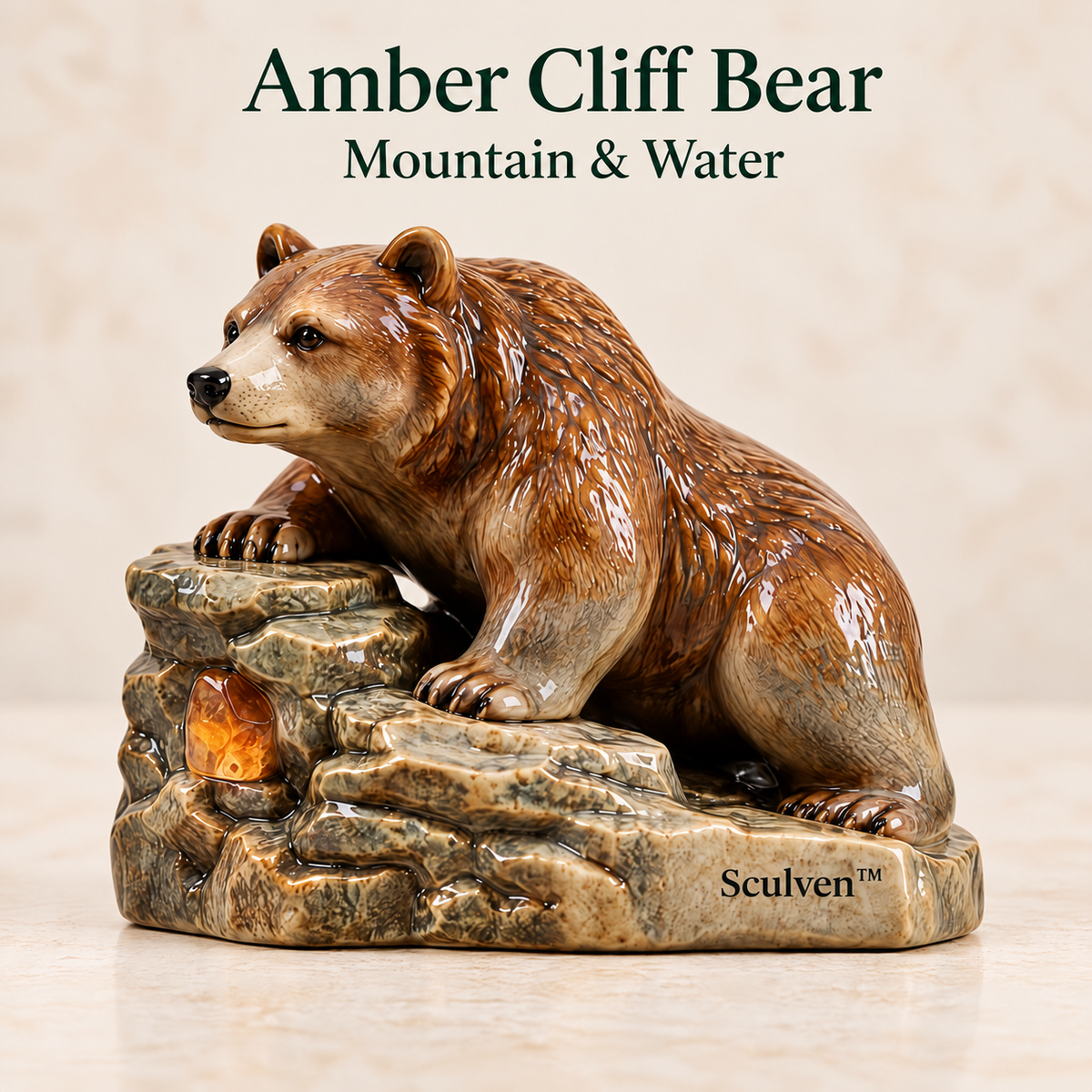 Sculven™ Amber Cliff Bear – Ceramic Bear & Amber Cliff Figurine