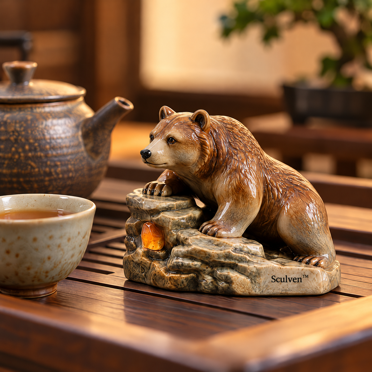 Sculven™ Amber Cliff Bear – Ceramic Bear & Amber Cliff Figurine