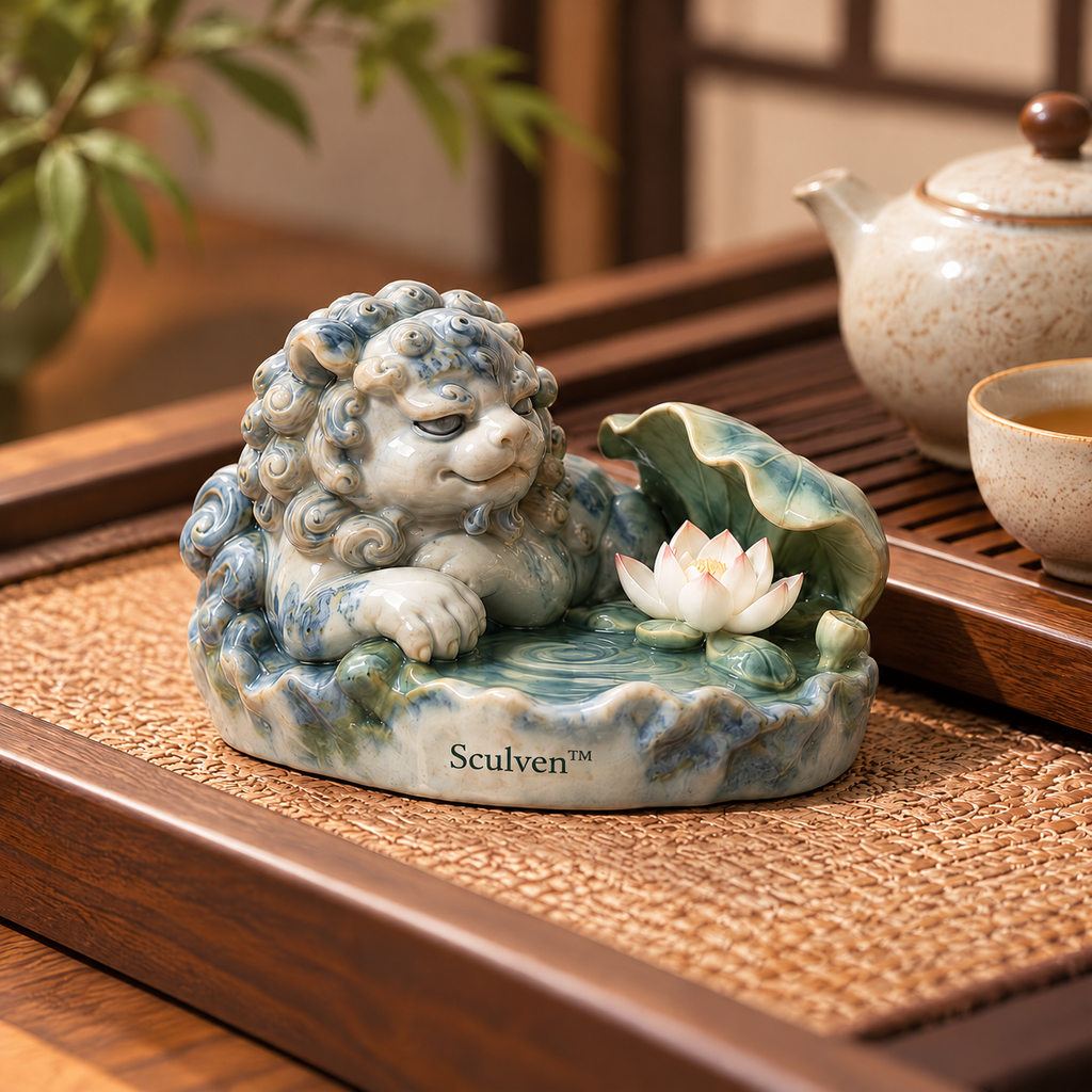 Sculven™ Lotus Basin Guardian – Ceramic Lion & Lotus Basin Figurine