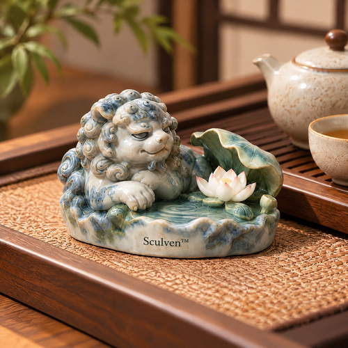 Sculven™ Lotus Basin Guardian – Ceramic Lion & Lotus Basin Figurine