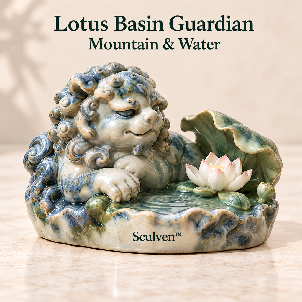 Sculven™ Lotus Basin Guardian – Ceramic Lion & Lotus Basin Figurine