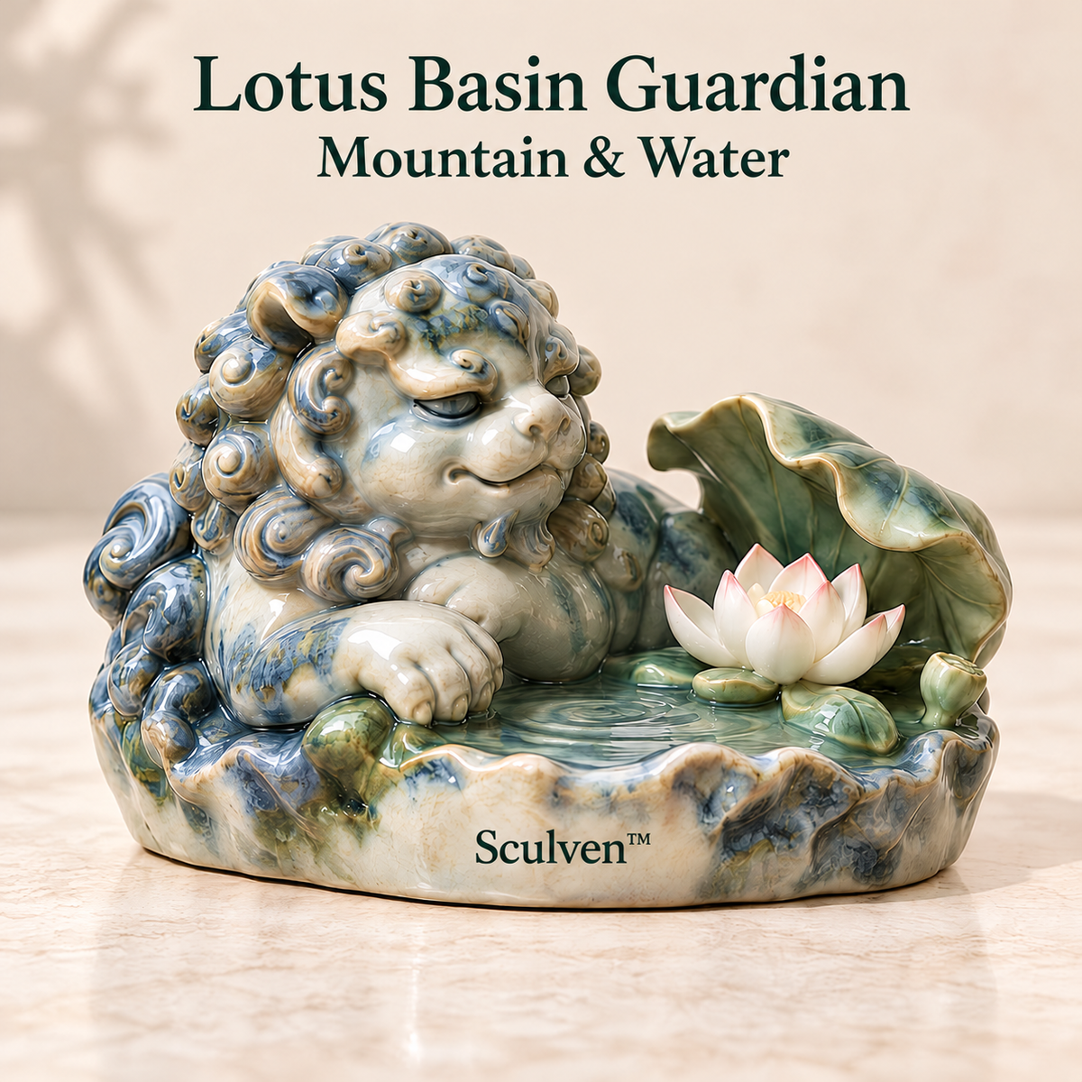 Sculven™ Lotus Basin Guardian – Ceramic Lion & Lotus Basin Figurine