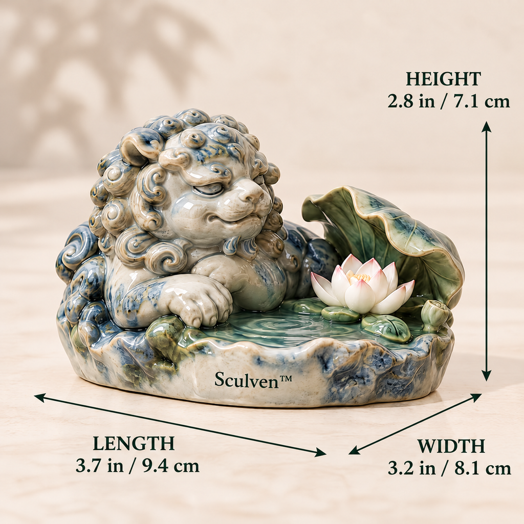 Sculven™ Lotus Basin Guardian – Ceramic Lion & Lotus Basin Figurine