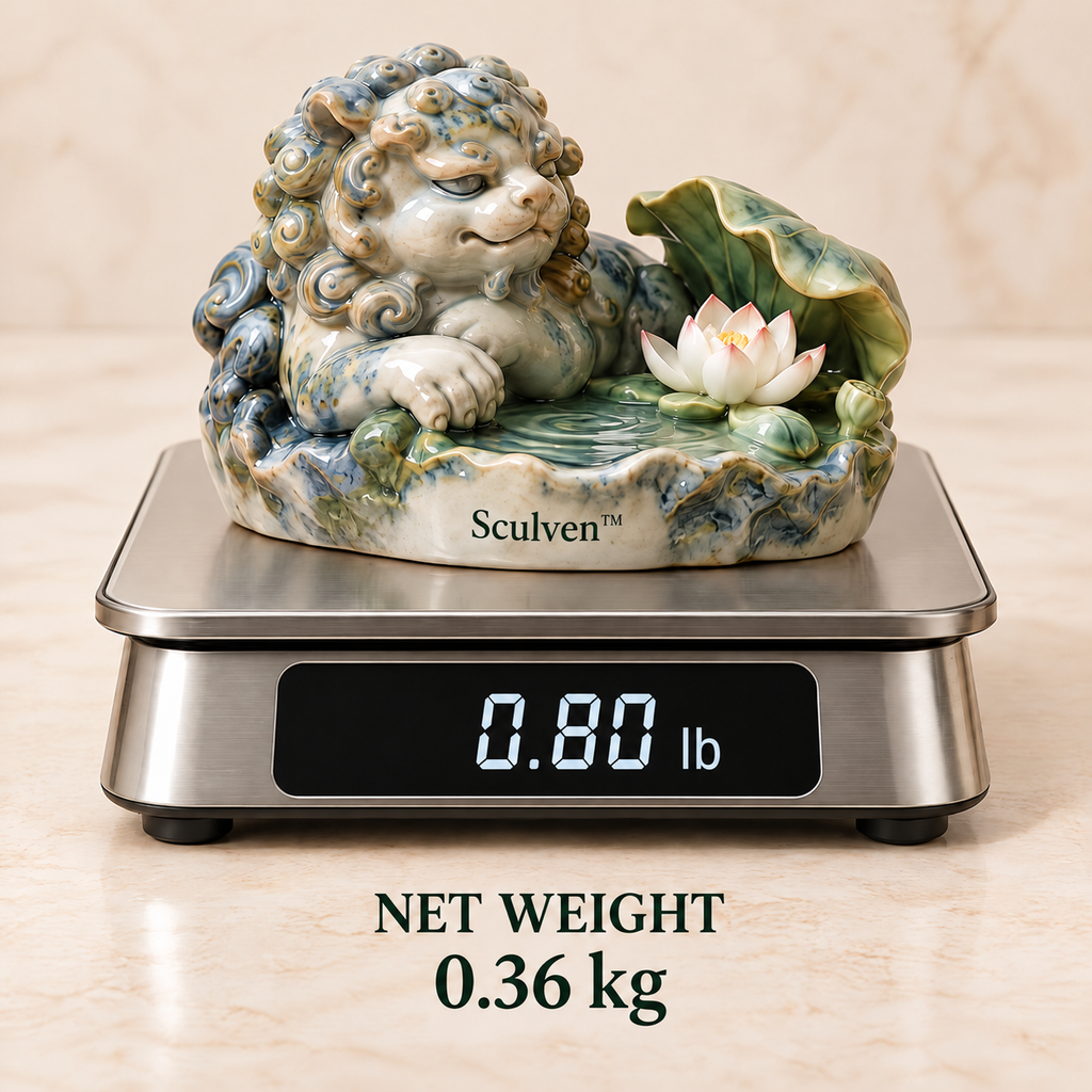 Sculven™ Lotus Basin Guardian – Ceramic Lion & Lotus Basin Figurine