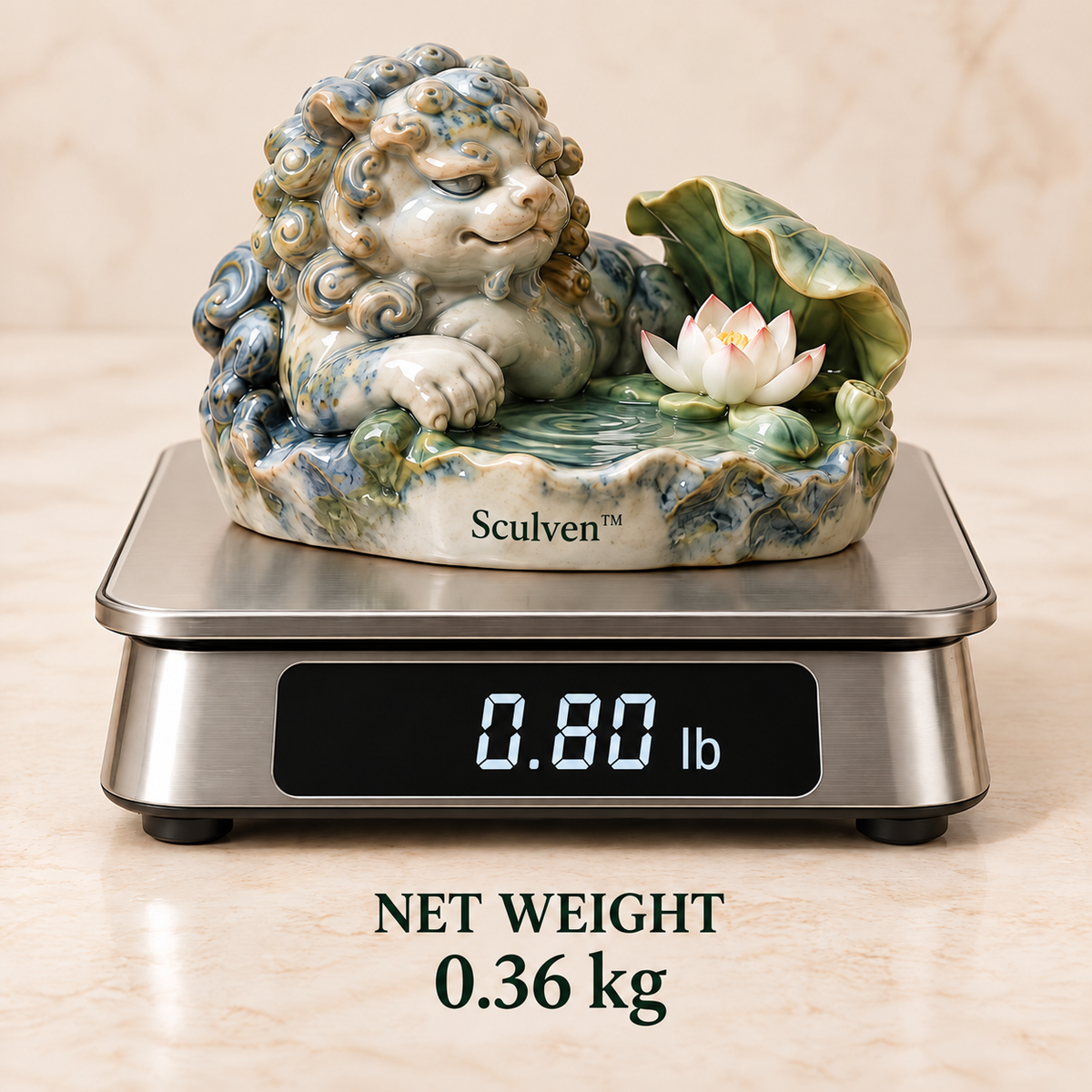 Sculven™ Lotus Basin Guardian – Ceramic Lion & Lotus Basin Figurine