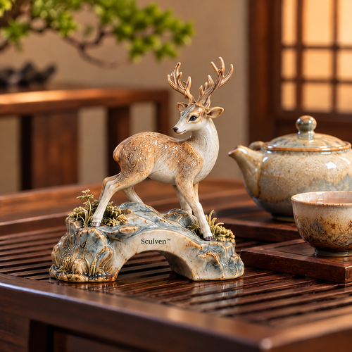Sculven™ Cloudbridge Deer – Ceramic Deer & Stone Bridge Figurine