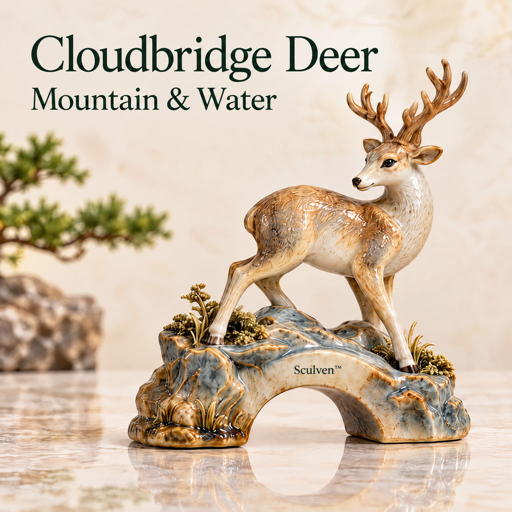 Sculven™ Cloudbridge Deer – Ceramic Deer & Stone Bridge Figurine