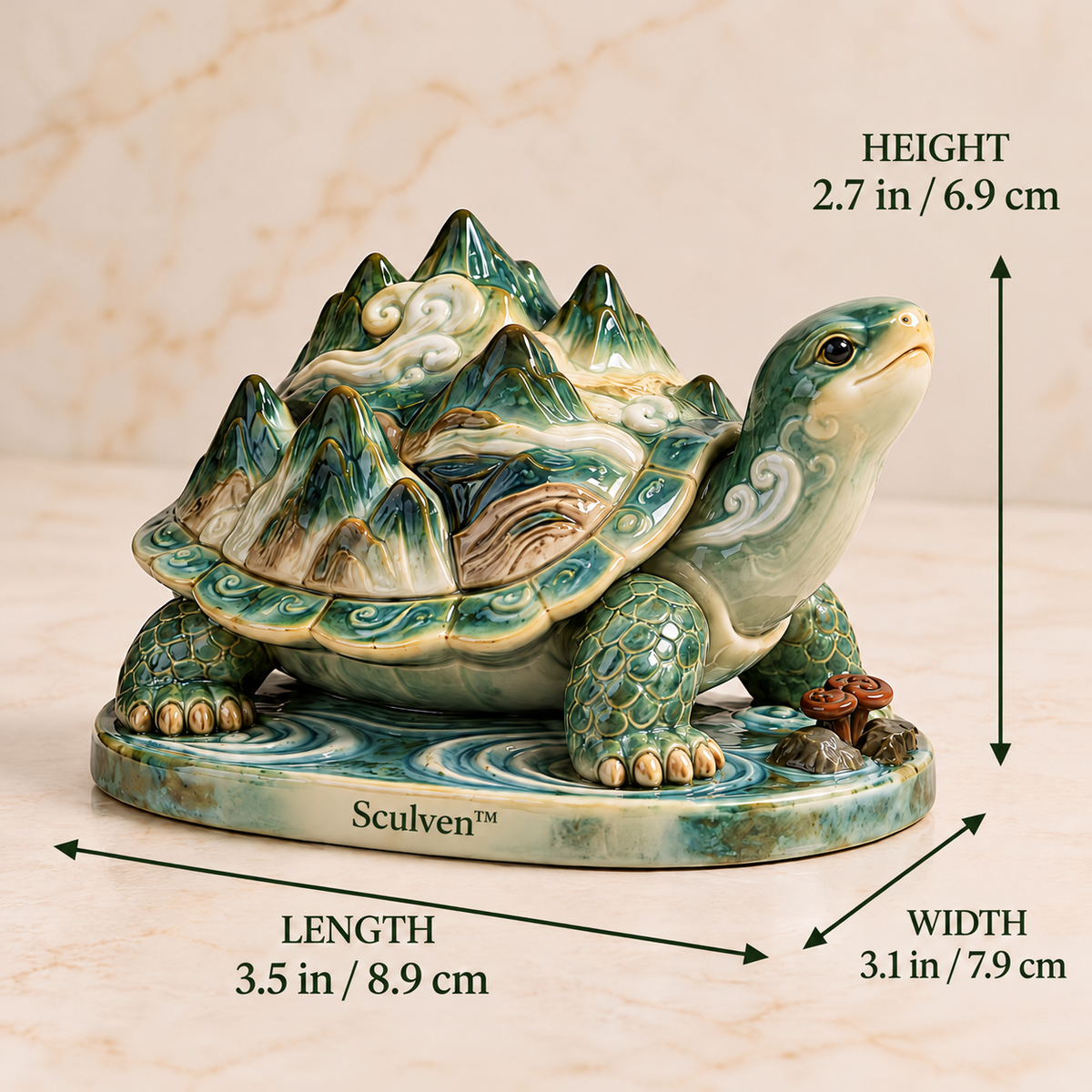 Sculven™ Emerald Cloud Turtle – Ceramic Turtle & Mountain Shell Figurine