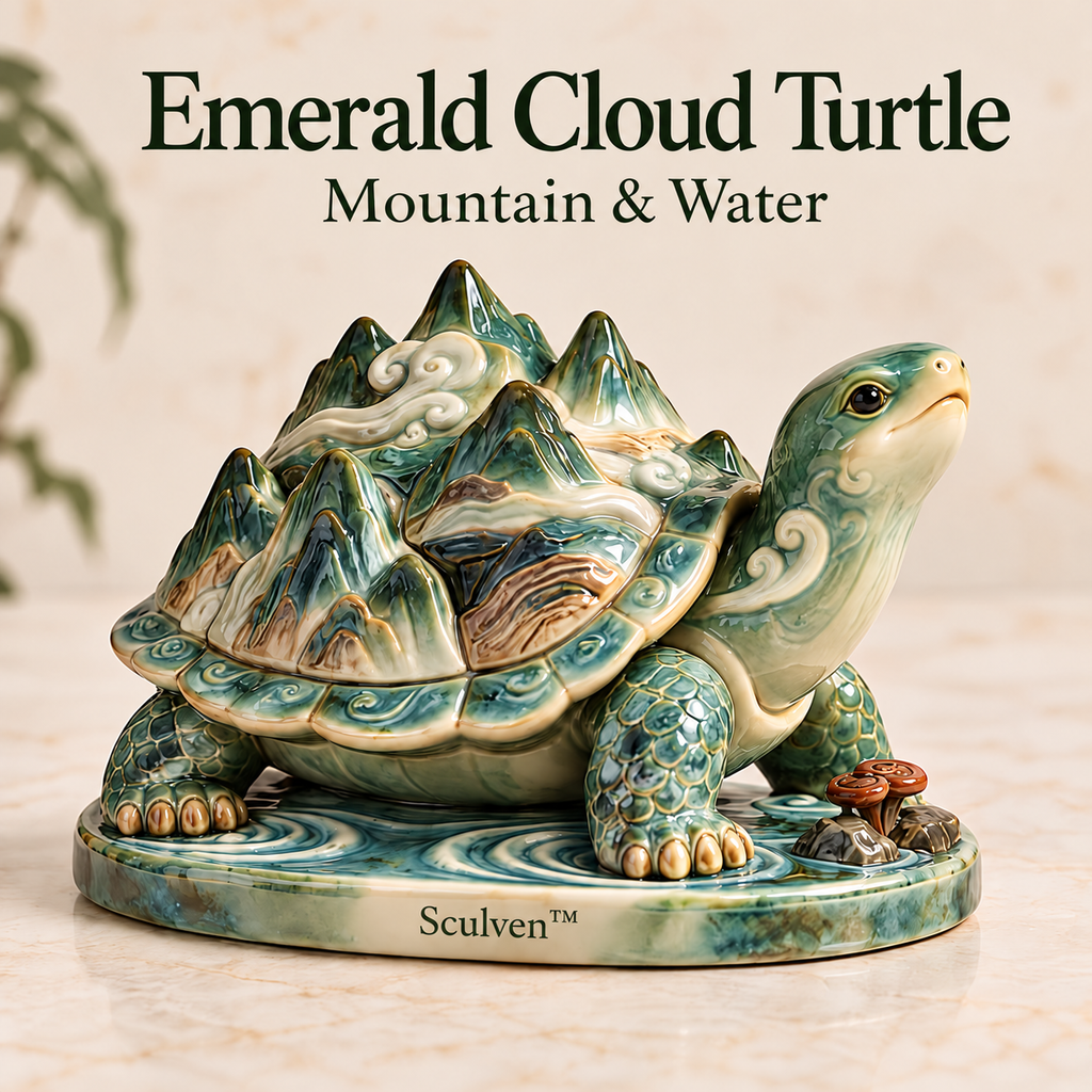 Sculven™ Emerald Cloud Turtle – Ceramic Turtle & Mountain Shell Figurine