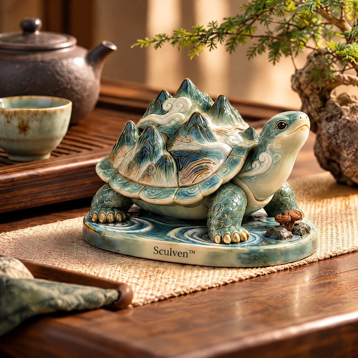 Sculven™ Emerald Cloud Turtle – Ceramic Turtle & Mountain Shell Figurine