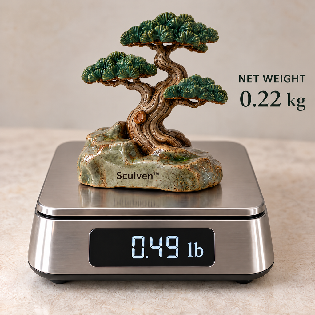 Sculven™ Pine Sentinel – Wind-Swept Ceramic Pine & Rock Figurine