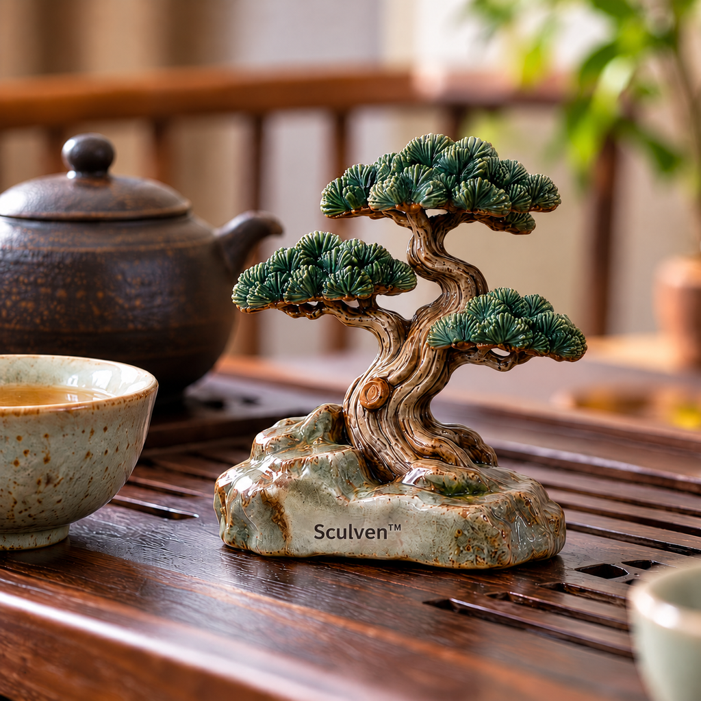 Sculven™ Pine Sentinel – Wind-Swept Ceramic Pine & Rock Figurine