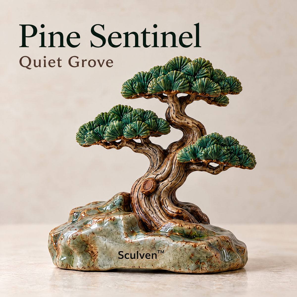 Sculven™ Pine Sentinel – Wind-Swept Ceramic Pine & Rock Figurine