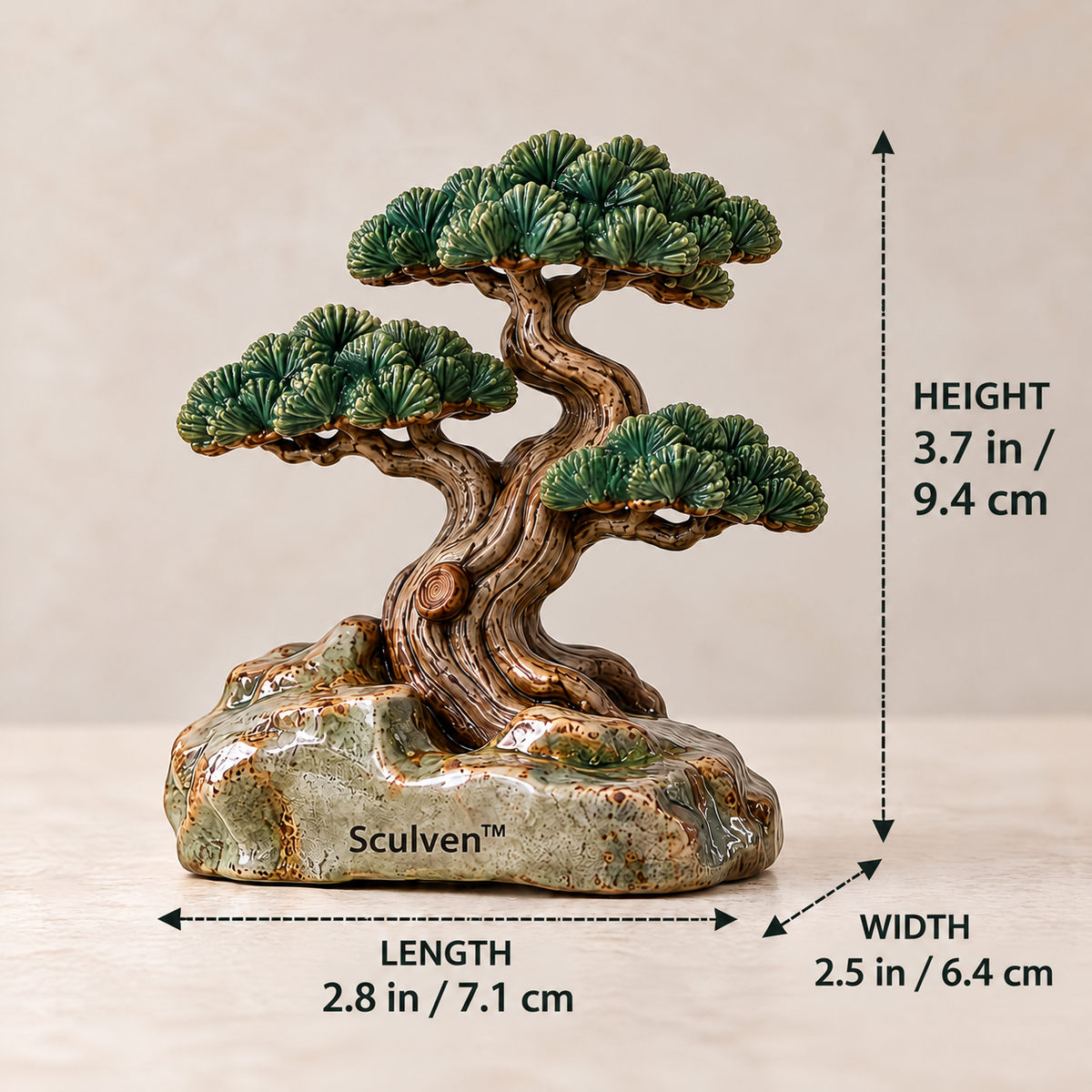 Sculven™ Pine Sentinel – Wind-Swept Ceramic Pine & Rock Figurine