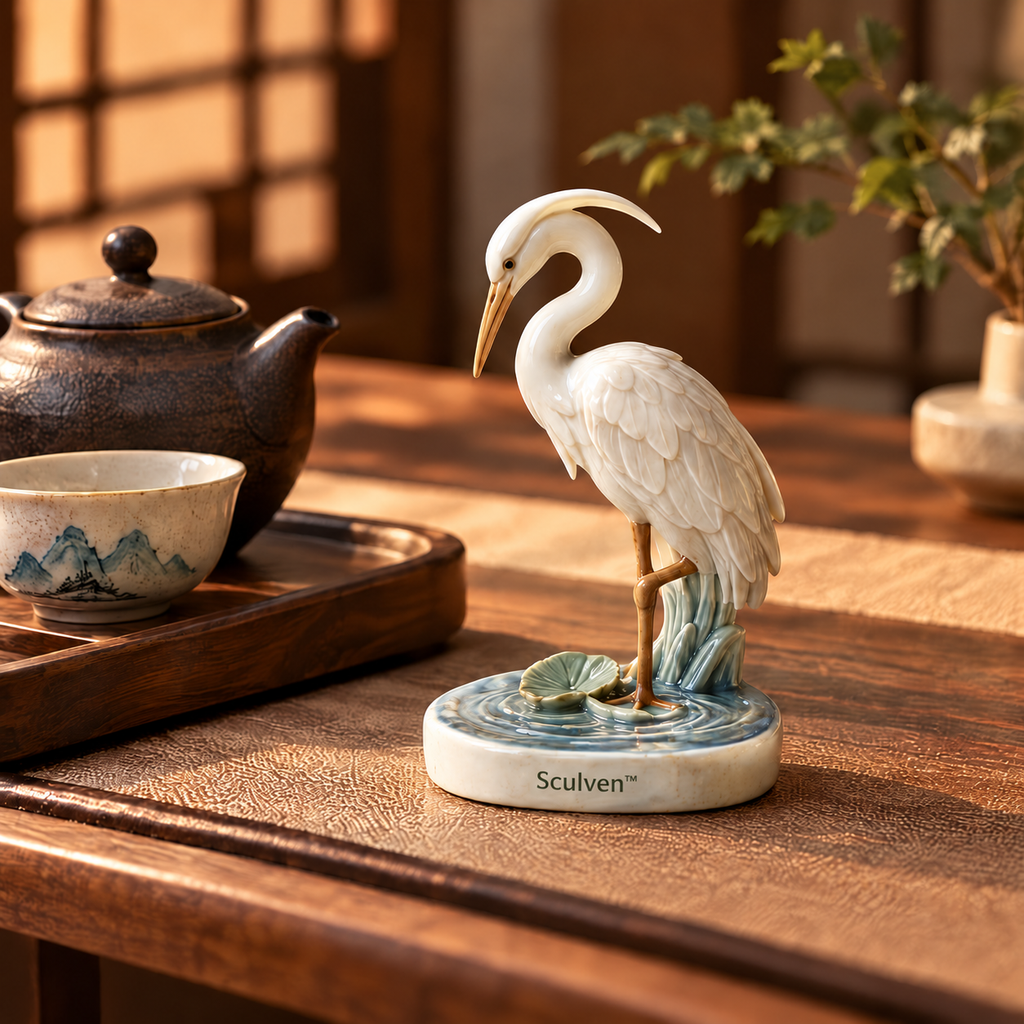 Sculven™ Moonlit Heron – Hand-Glazed Ceramic Heron & Ripple Figurine