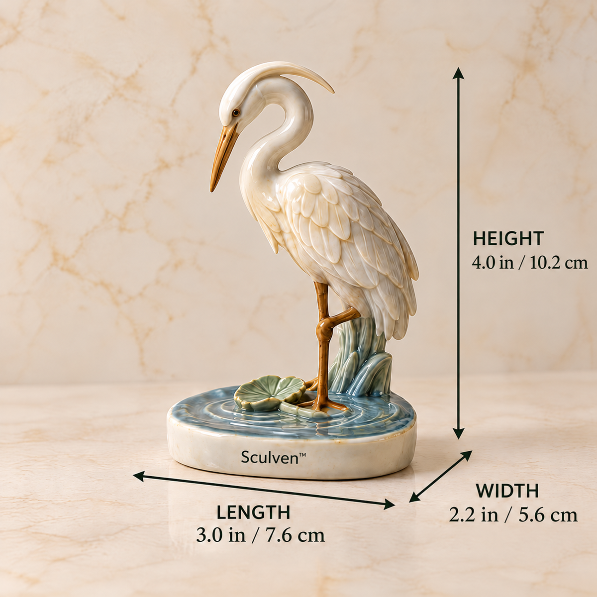 Sculven™ Moonlit Heron – Hand-Glazed Ceramic Heron & Ripple Figurine