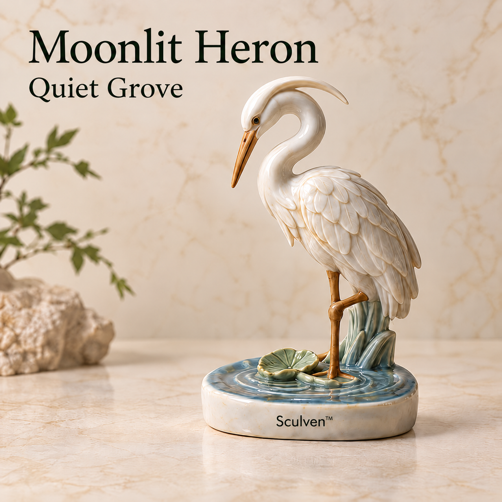 Sculven™ Moonlit Heron – Hand-Glazed Ceramic Heron & Ripple Figurine