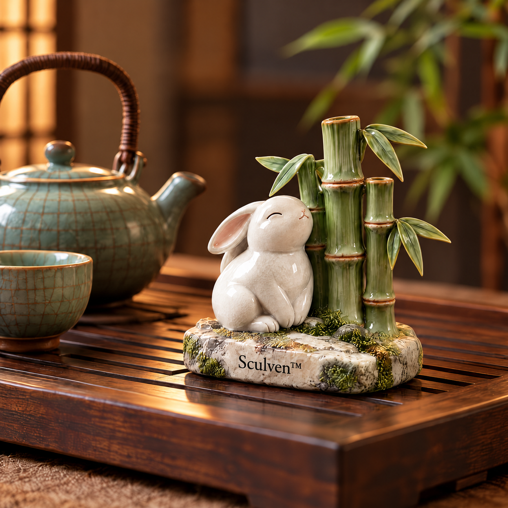 Sculven™ Bamboo Scholar – Ceramic Rabbit & Bamboo Grove Figurine