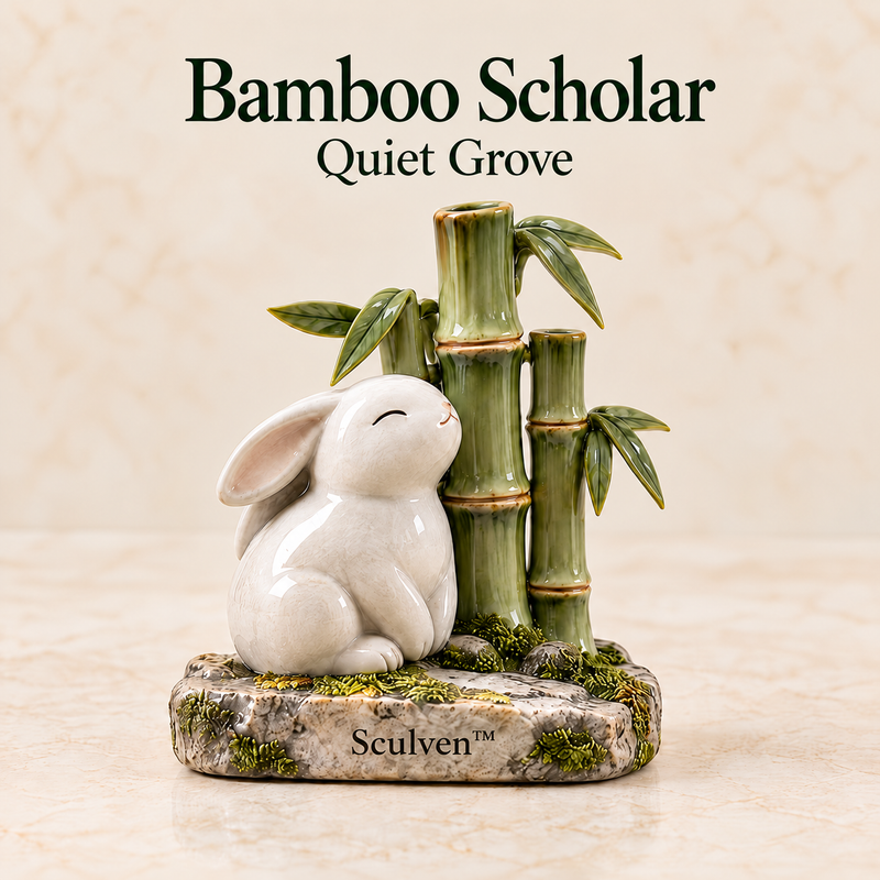 Sculven™ Bamboo Scholar – Ceramic Rabbit & Bamboo Grove Figurine