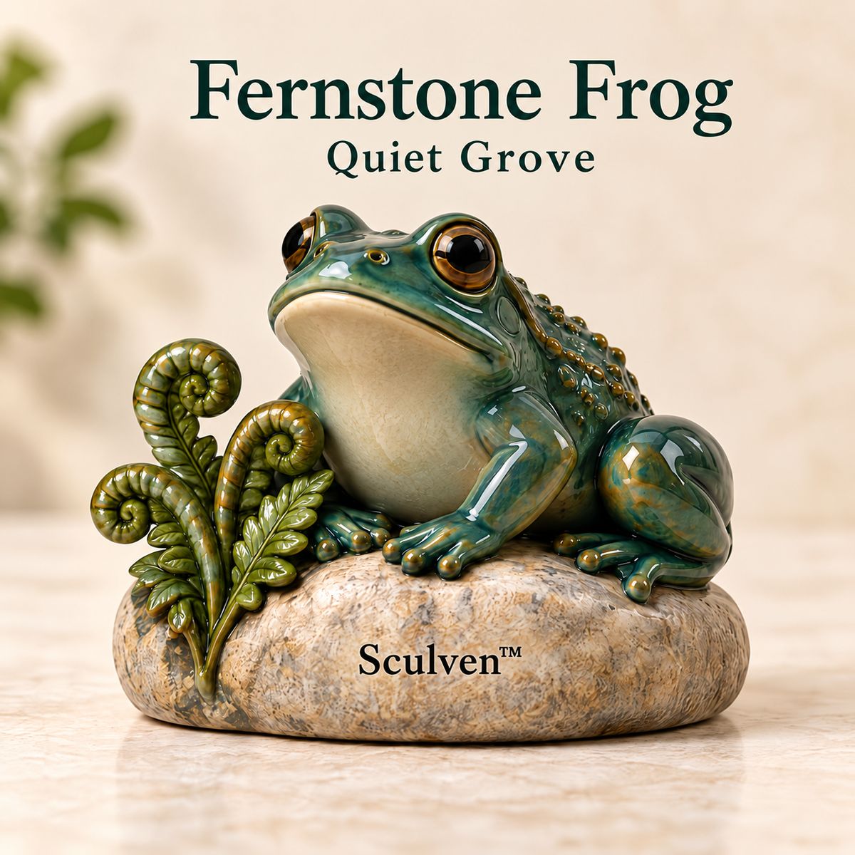 Sculven™ Fernstone Frog – Ceramic Frog & Fern Tea Pet