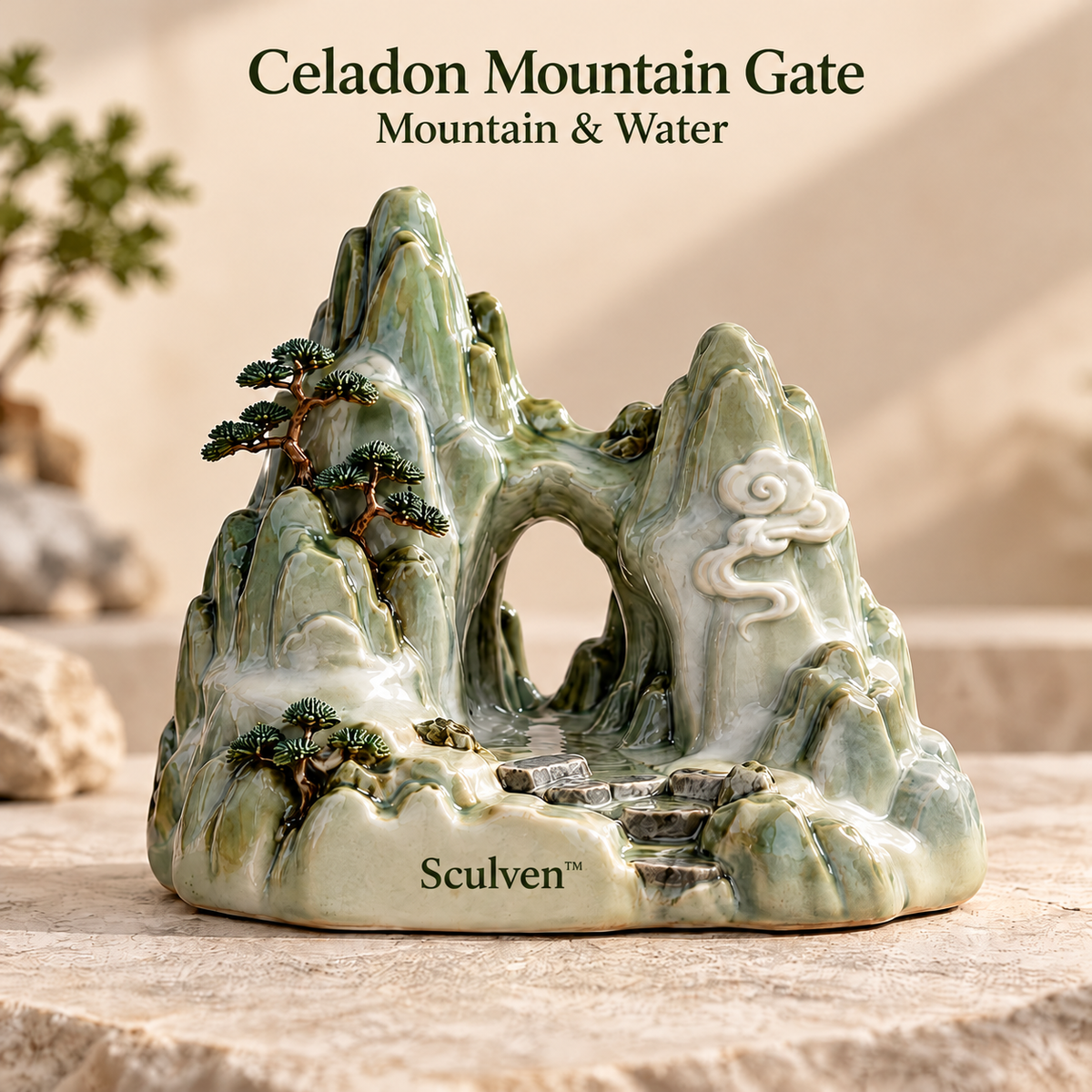 Sculven™ Celadon Mountain Gate – Ceramic Mountain Arch & Rock Figurine