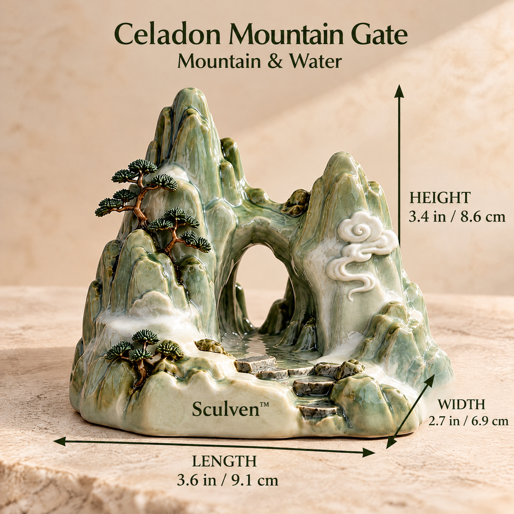 Sculven™ Celadon Mountain Gate – Ceramic Mountain Arch & Rock Figurine