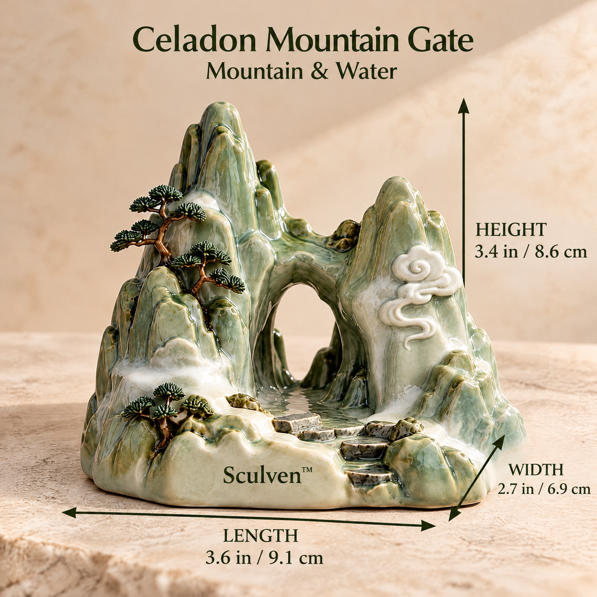 Sculven™ Celadon Mountain Gate – Ceramic Mountain Arch & Rock Figurine