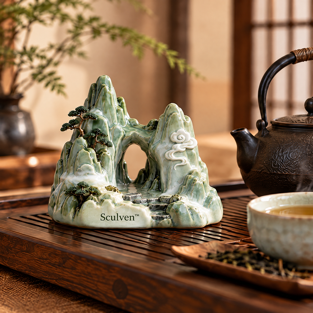 Sculven™ Celadon Mountain Gate – Ceramic Mountain Arch & Rock Figurine
