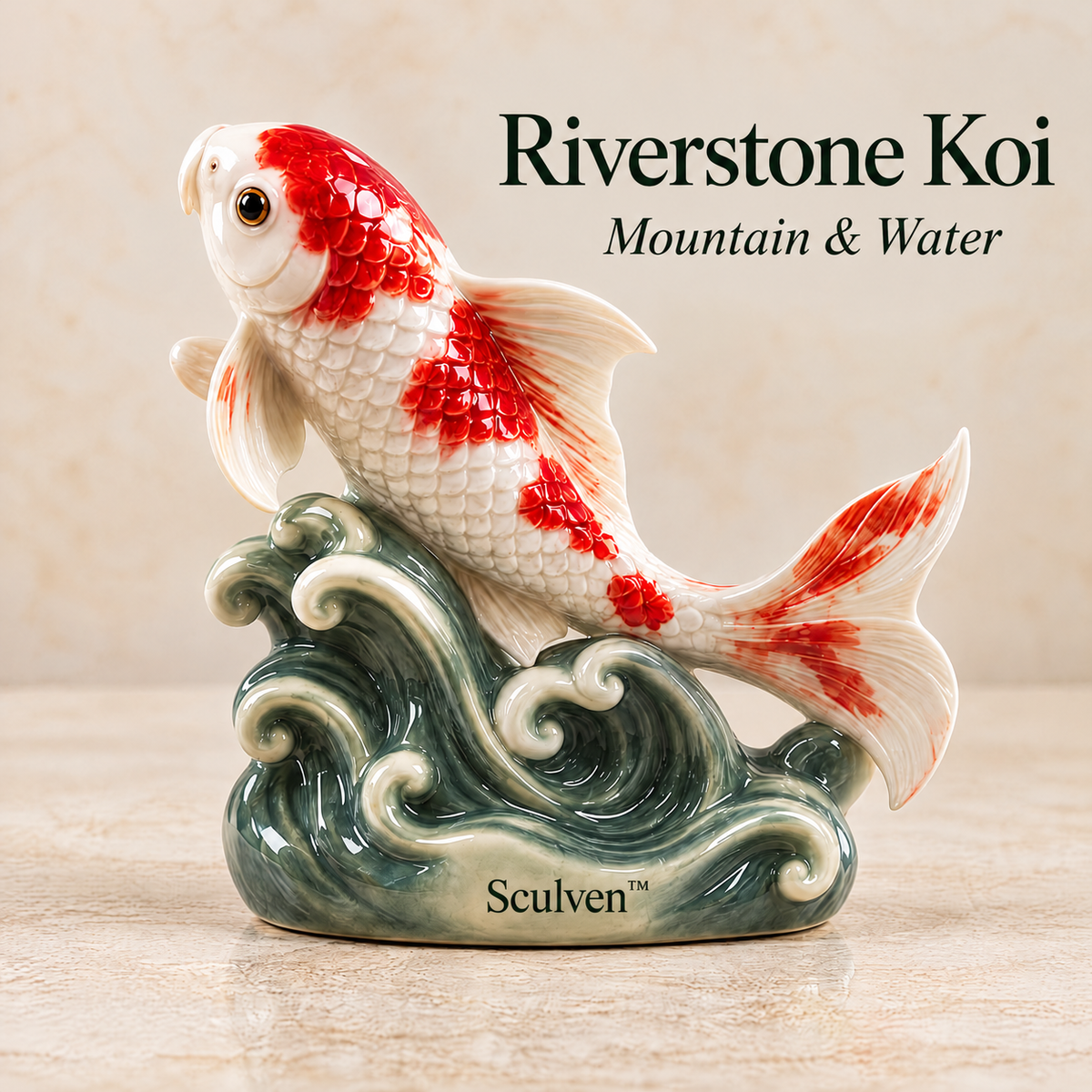 Sculven™ Riverstone Koi – Ceramic Koi Fish & Wave Figurine
