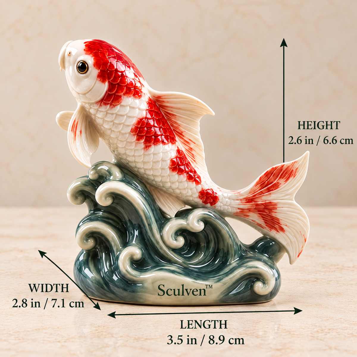 Sculven™ Riverstone Koi – Ceramic Koi Fish & Wave Figurine