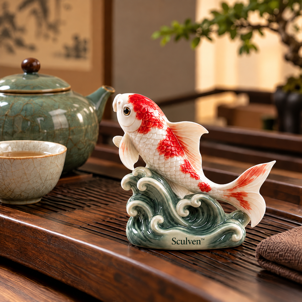 Sculven™ Riverstone Koi – Ceramic Koi Fish & Wave Figurine