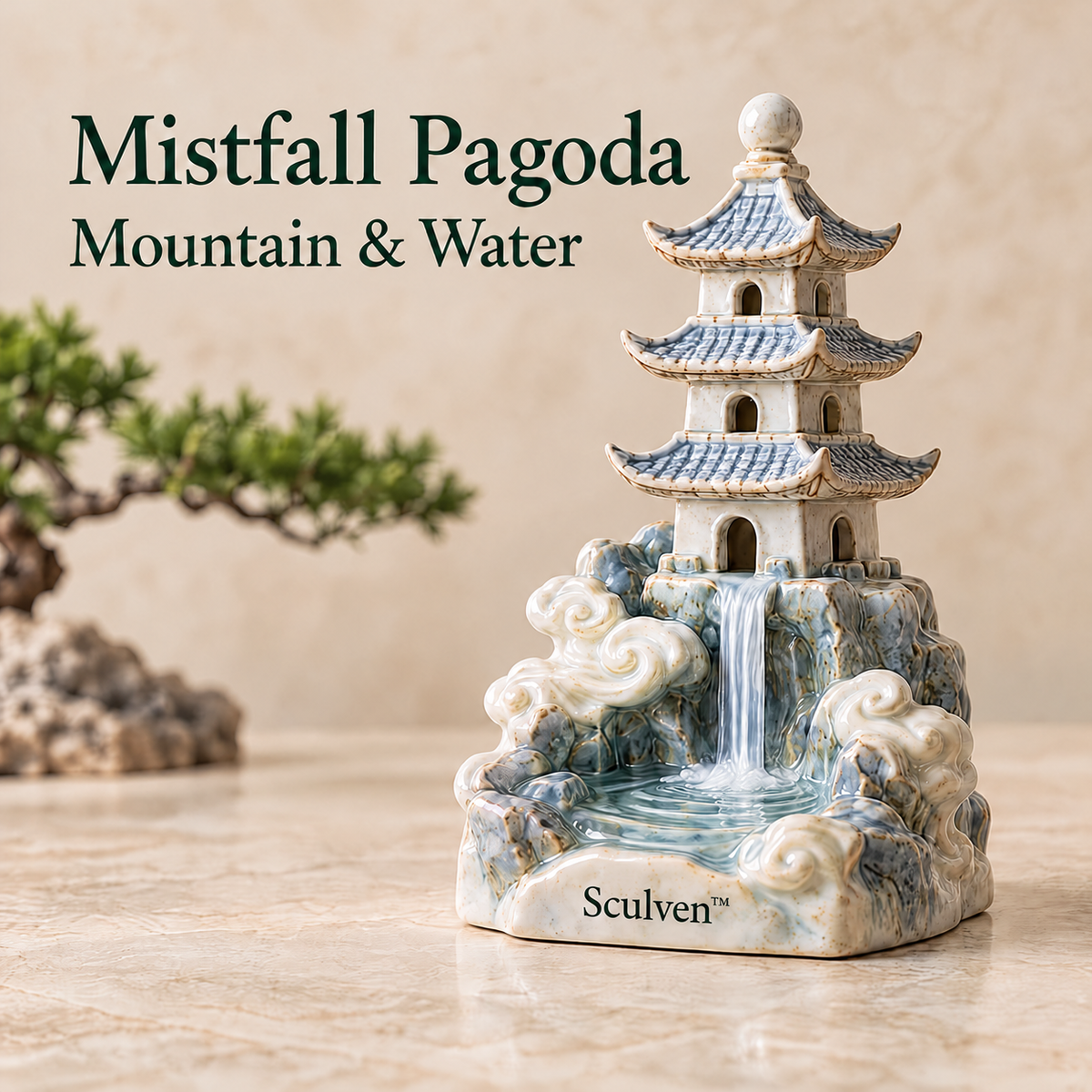 Sculven™ Mistfall Pagoda – Ceramic Pagoda & Waterfall Figurine
