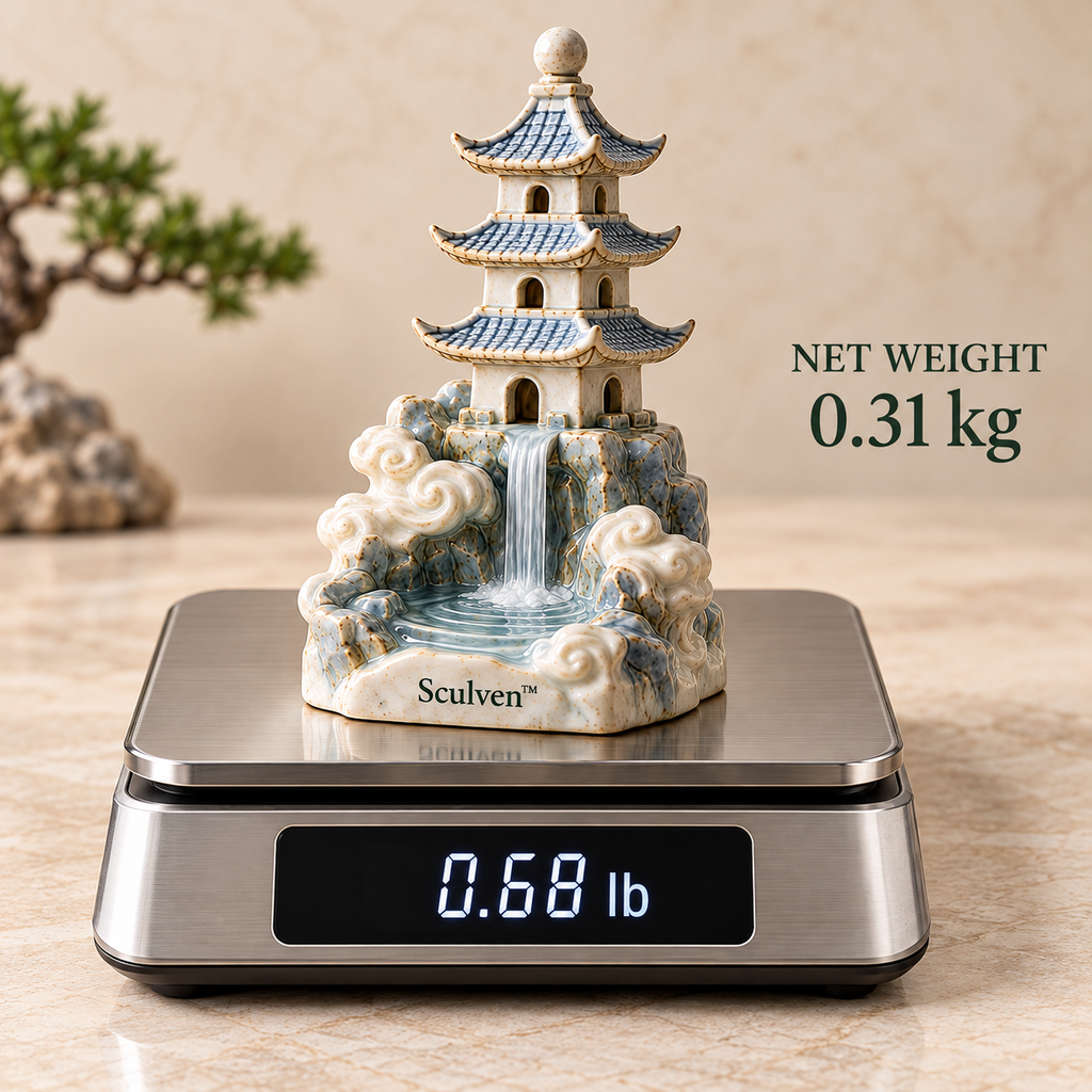Sculven™ Mistfall Pagoda – Ceramic Pagoda & Waterfall Figurine