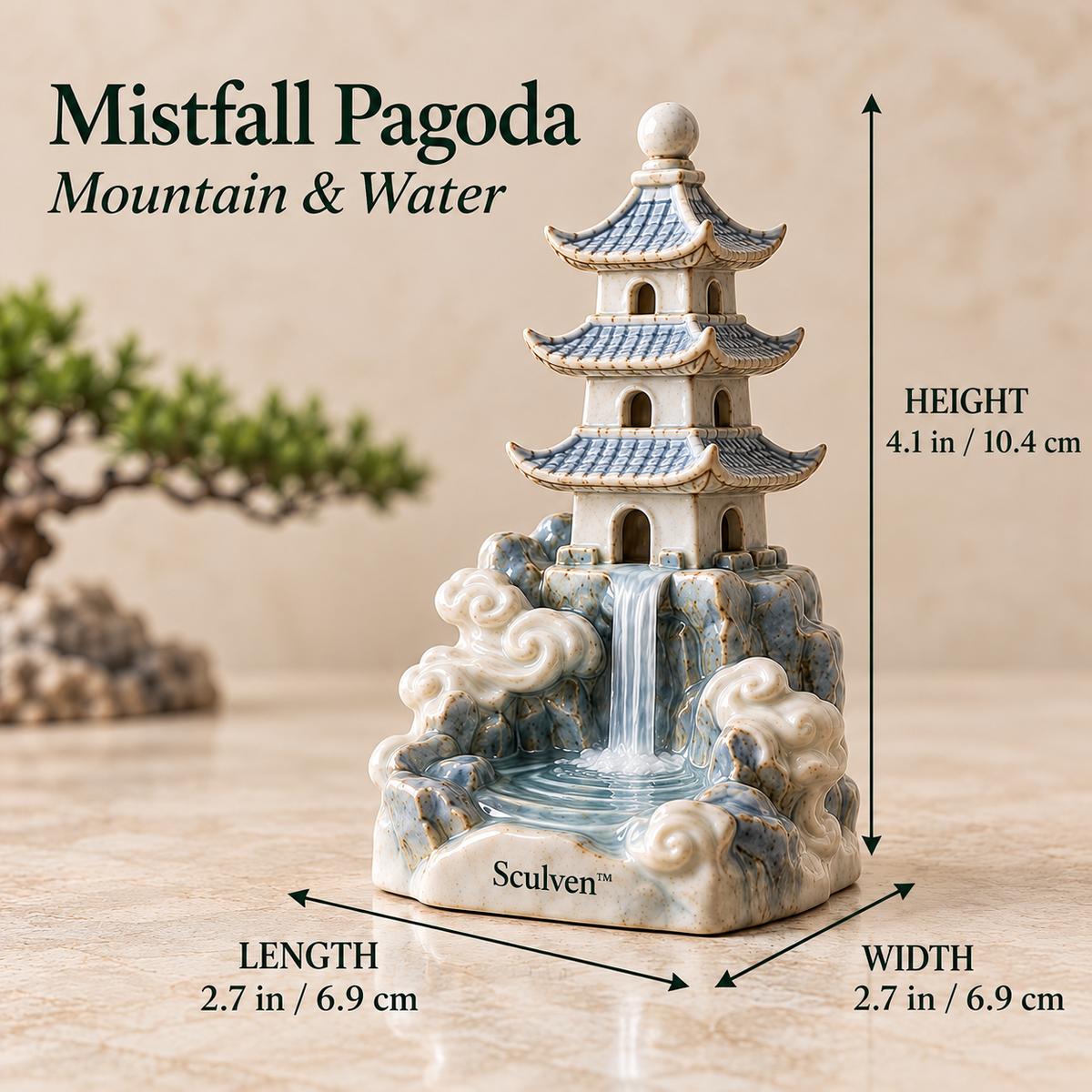 Sculven™ Mistfall Pagoda – Ceramic Pagoda & Waterfall Figurine