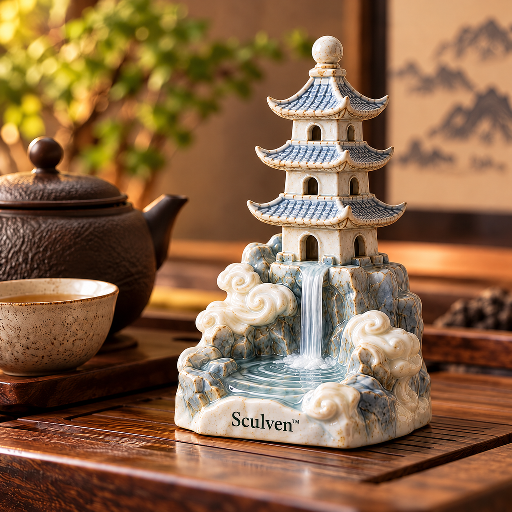 Sculven™ Mistfall Pagoda – Ceramic Pagoda & Waterfall Figurine